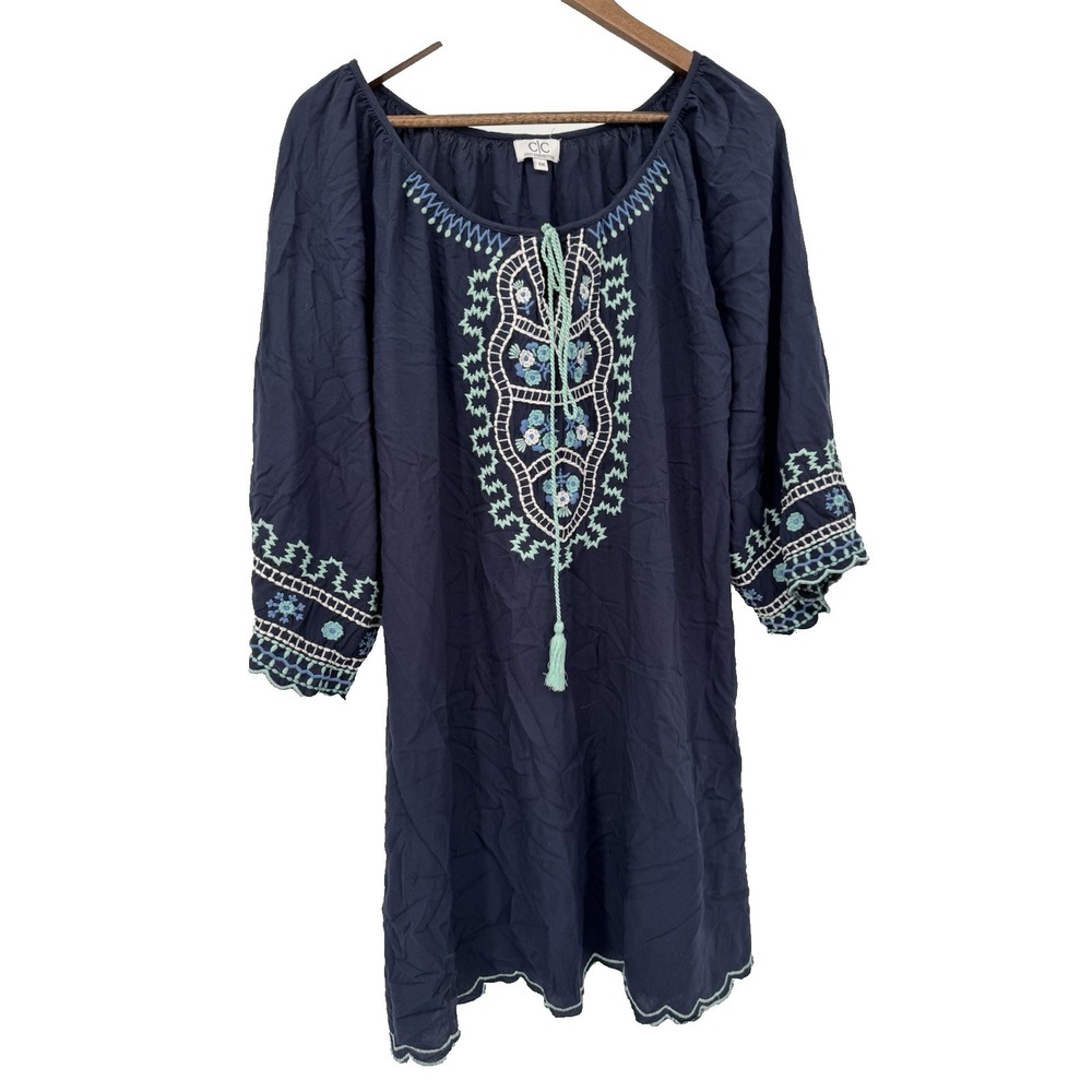 Chic Connection Dress Western 1X Blue Embroidered‎ Tie Neck 3/4th sleeve boho